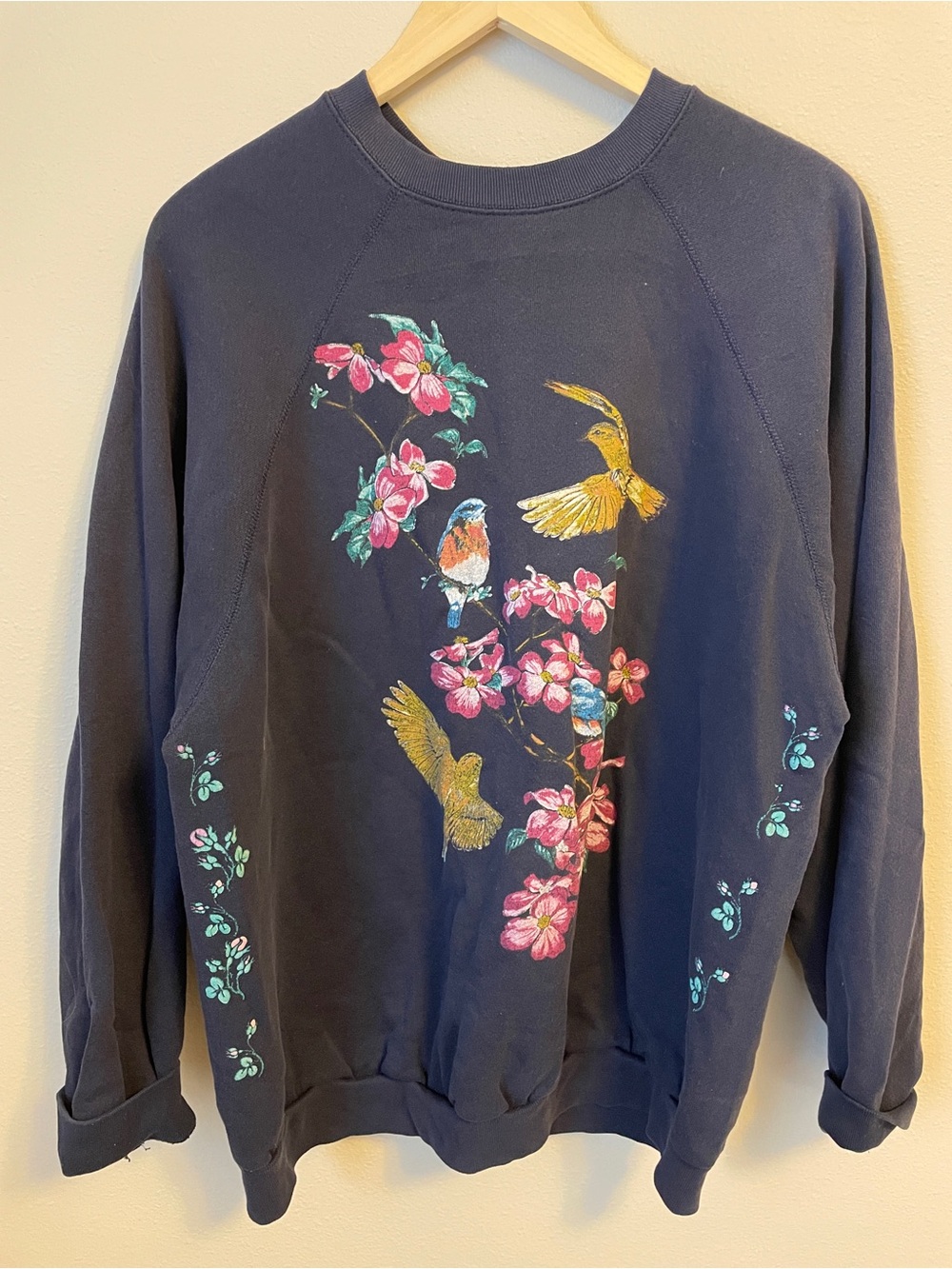 Tultex - Navy Floral Hummingbird Graphic Sweatshirt Oversized Birdcore - Size 2X